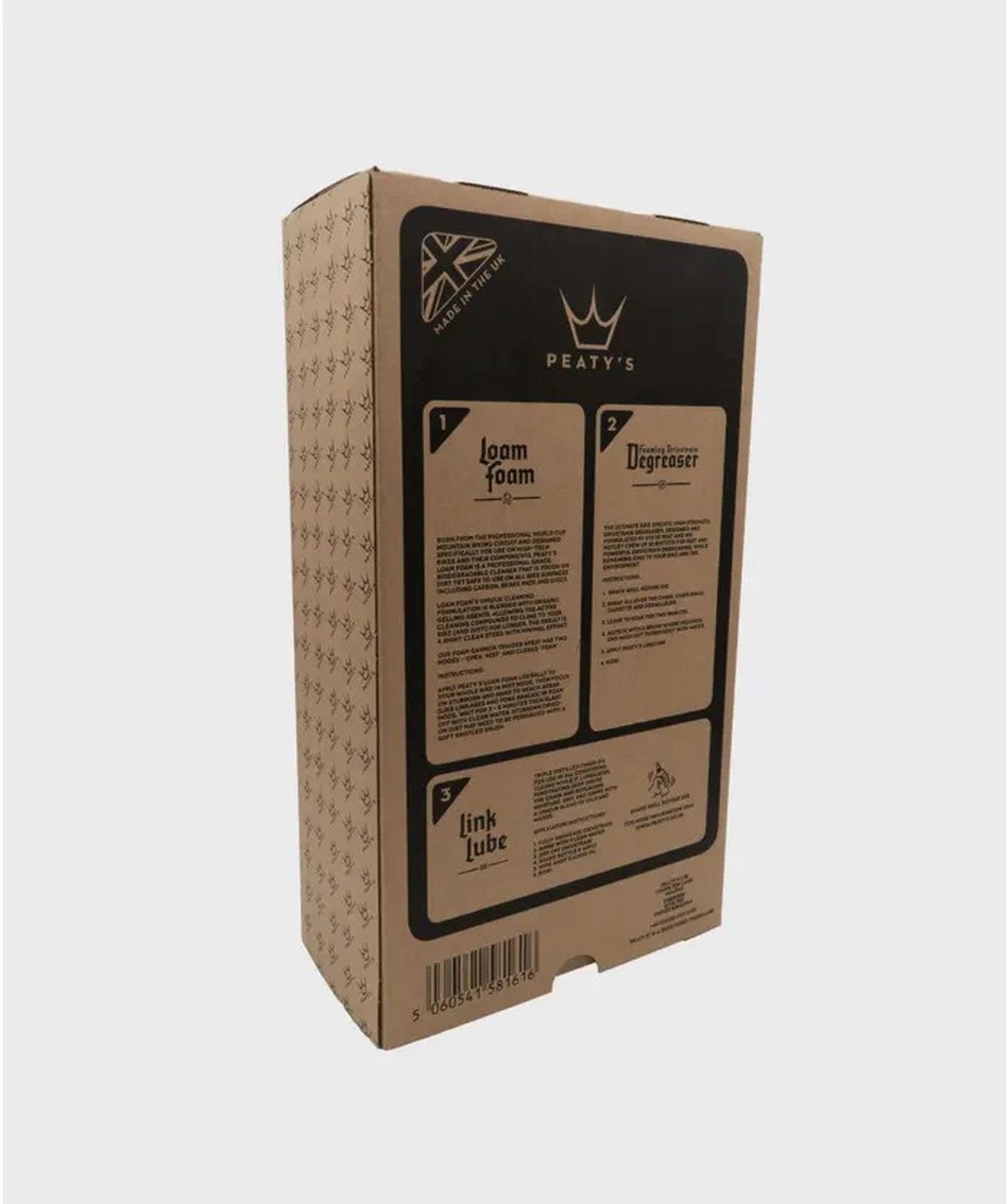 Peaty's Clean Degrease starter pack showing three products - blue LoamFoam cleaner bottle, black Foaming Drivetrain Degreaser bottle, and LinkLube chain oil bottle with cardboard packaging