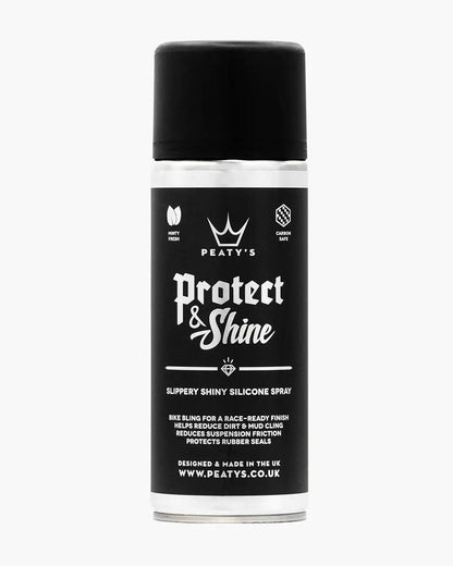 Peaty's Protect & Shine 400ml aerosol spray bottle with black and blue branding showing bike protection and suspension care product