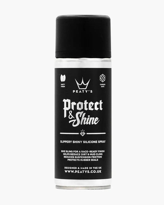 Peaty's Protect & Shine 400ml aerosol spray bottle with black and blue branding showing bike protection and suspension care product