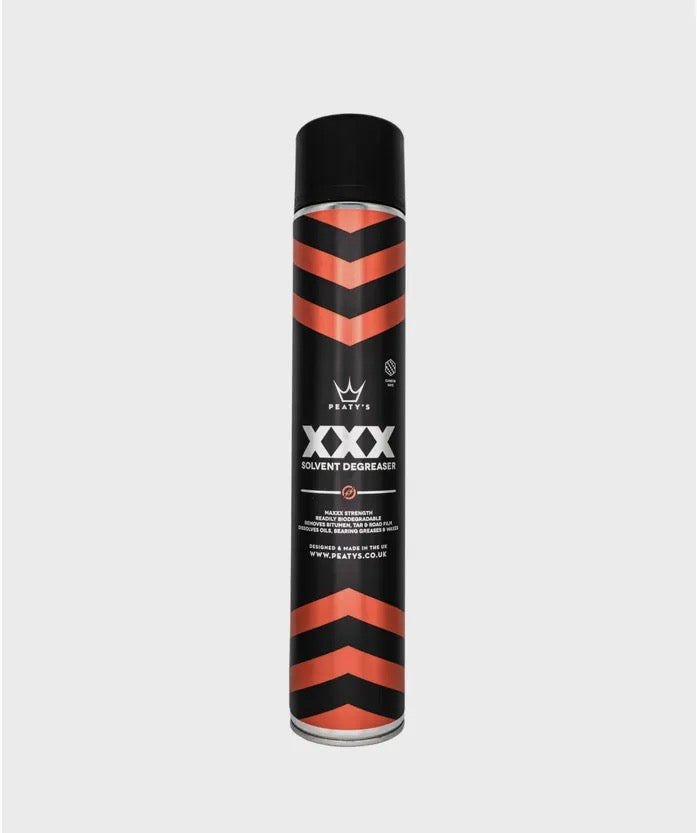 Peaty's XXX Solvent Degreaser 750ml aerosol can with black and orange branding showing maximum strength bike degreaser for removing factory greases and tar stains