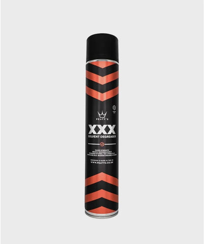 Peaty's XXX Solvent Degreaser 750ml aerosol can with black and orange branding showing maximum strength bike degreaser for removing factory greases and tar stains