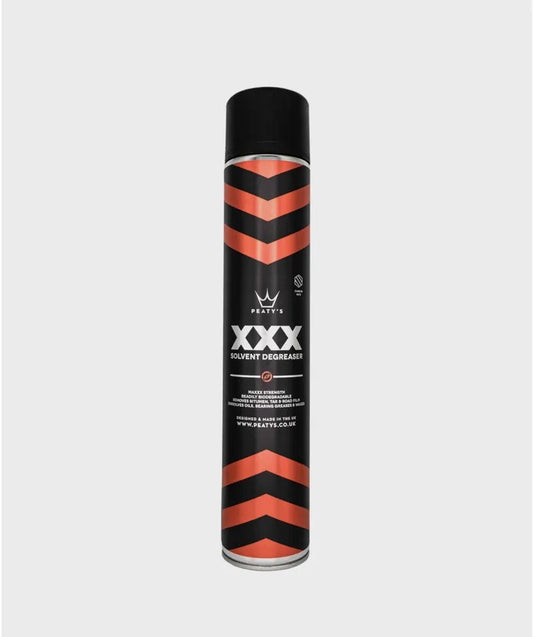 Peaty's XXX Solvent Degreaser 750ml aerosol can with black and orange branding showing maximum strength bike degreaser for removing factory greases and tar stains