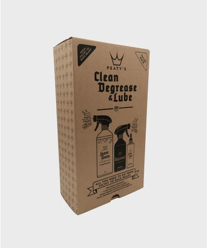 Peaty's Clean Degrease starter pack showing three products - blue LoamFoam cleaner bottle, black Foaming Drivetrain Degreaser bottle, and LinkLube chain oil bottle with cardboard packaging