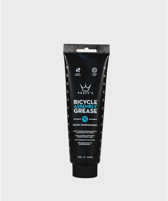 Peaty's Bicycle Assembly Grease 100g tube with black and orange branding showing premium bike  grease for bike components