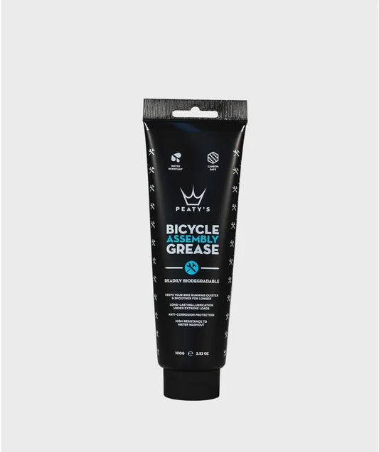 Peaty's Bicycle Assembly Grease 100g tube with black and orange branding showing premium bike  grease for bike components
